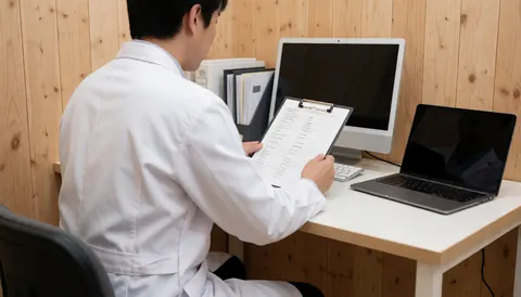 Médecin en blouse blanche vérifiant des documents sur un bureau avec ordinateur et dossiers, dans un environnement professionnel et ordonné.