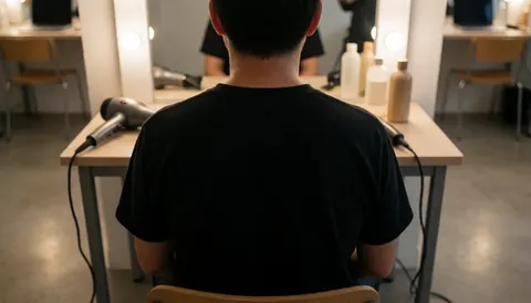 Vue d'une personne assise dans un salon de coiffure, tenant un sèche-cheveux devant un miroir éclairé par des LEDs, avec des bouteilles de produits sur la table.