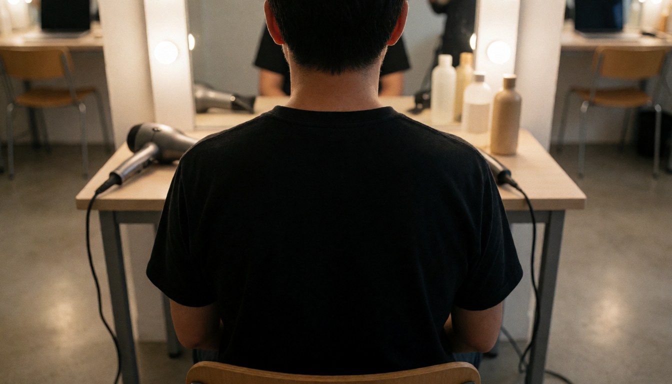 Vue d'une personne assise dans un salon de coiffure, tenant un sèche-cheveux devant un miroir éclairé par des LEDs, avec des bouteilles de produits sur la table.