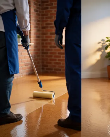 Un ouvrier applique un produit de protection sur un plancher en liège brillant à l'aide d'un rouleau en mousse, dans un intérieur avec un mur en briques