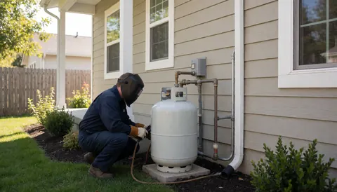 Un professionnel casqué connecte des tuyaux à un réservoir de gaz fixé au mur extérieur d'une maison résidentielle.