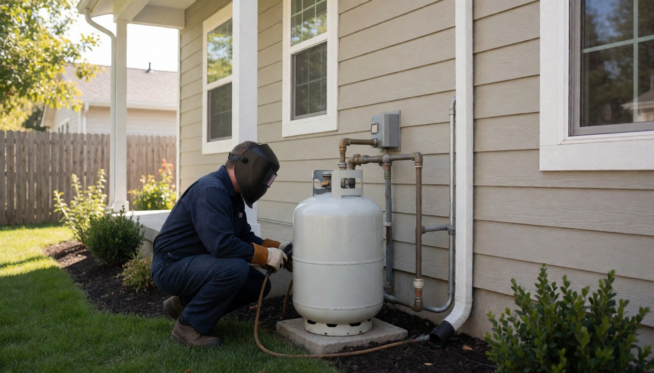 Un professionnel casqué connecte des tuyaux à un réservoir de gaz fixé au mur extérieur d'une maison résidentielle.