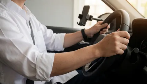 Conducteur en uniforme blanc avec les mains sur le volant, support de téléphone dans l'habitacle, éclairage chaleureux, image de service de transport.
