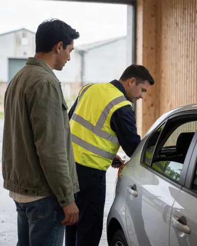 Un technicien en gilet de sécurité examine une voiture argentée au sein d'un atelier industriel aux murs en bois.