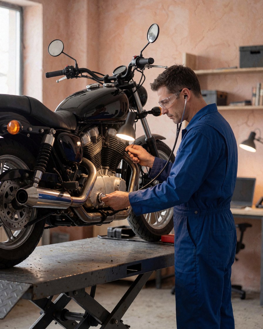 Mécanicien en combinaison bleue examine le moteur d'une moto noire dans un atelier aux murs terracotta.