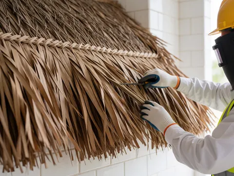 Mains gantées fixant des feuilles de palmier sur un toit de palapa avec des murs de carreaux blancs, détail de construction.
