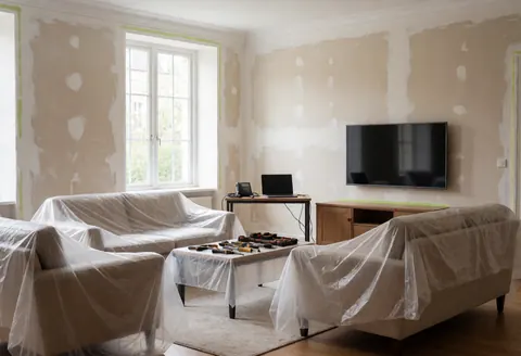 Un salon en rénovation avec des murs enduits, des meubles recouverts de plastique et des outils de réparation posés sur une table.