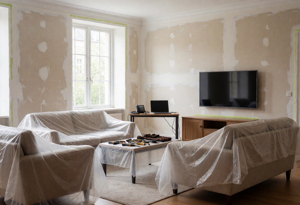 Un salon en rénovation avec des murs enduits, des meubles recouverts de plastique et des outils de réparation posés sur une table.