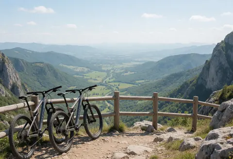 Deux vélos de montagne appuyés contre une rambarde en bois avec une vue panoramique sur des montagnes et une vallée verdoyante sous un ciel dégagé.