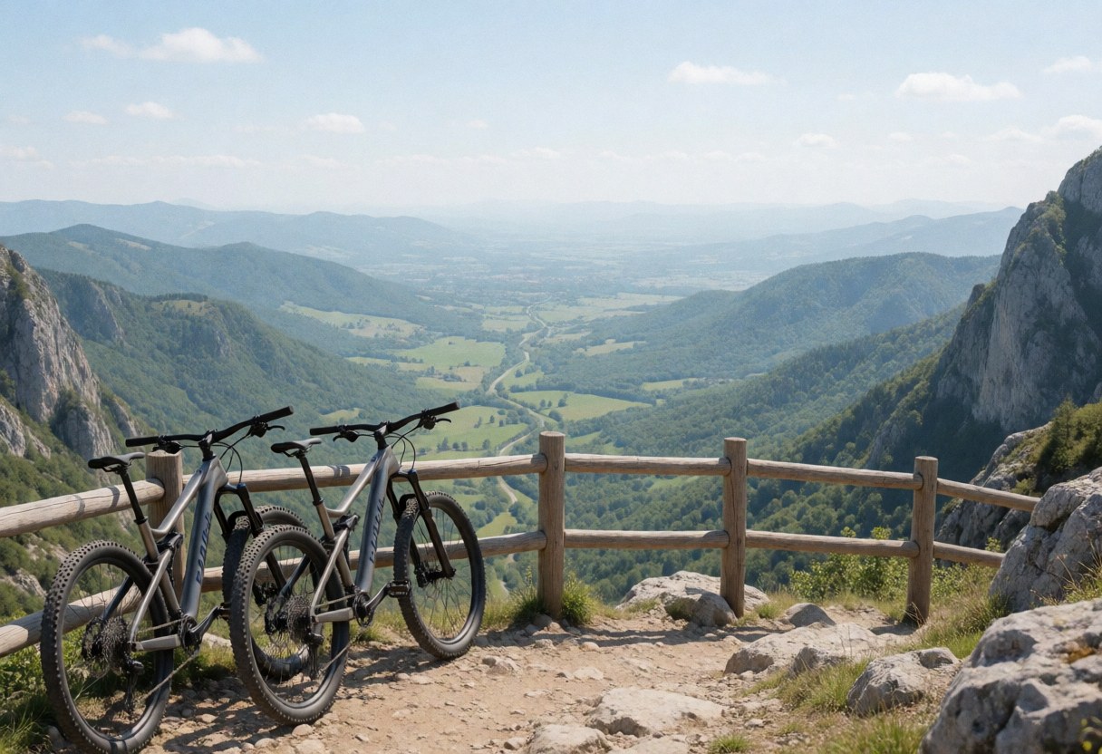 Deux vélos de montagne appuyés contre une rambarde en bois avec une vue panoramique sur des montagnes et une vallée verdoyante sous un ciel dégagé.