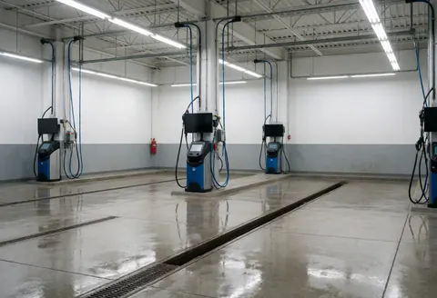 Intérieur d'un centre de lavage automobile vide avec stations de lavage, sol drainant et éclairage fluorescent, idéal pour un projet commercial.