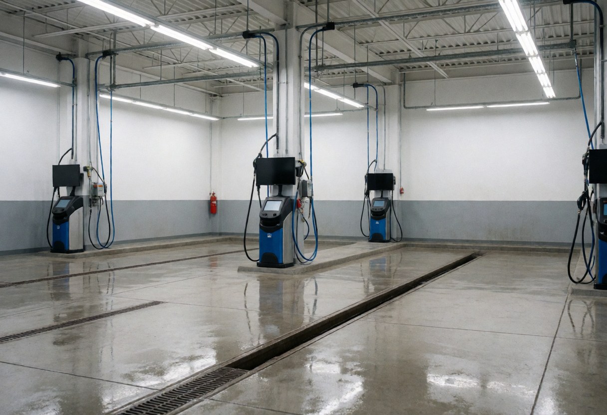 Intérieur d'un centre de lavage automobile vide avec stations de lavage, sol drainant et éclairage fluorescent, idéal pour un projet commercial.