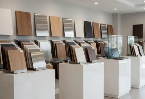 Présentation d'échantillons de bois et de métal poli sur des socles blancs dans un magasin d'escaliers avec murs gris et éclairage lumineux.