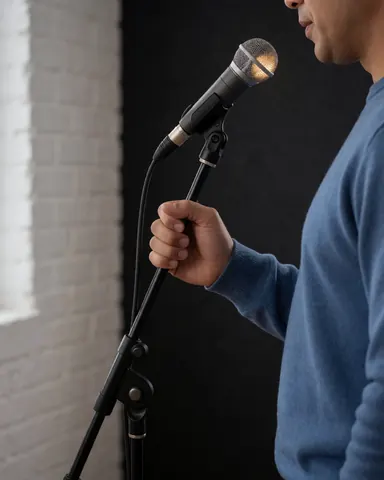 Une personne chante dans un studio de musique avec un mur en briques blanches et une lumière chaude.