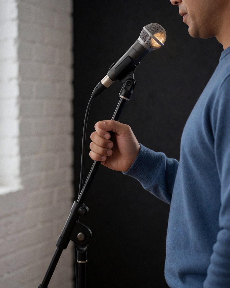 Une personne chante dans un studio de musique avec un mur en briques blanches et une lumière chaude.