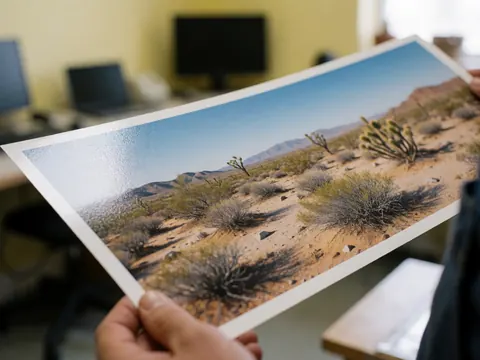 Des mains tenant une impression haute résolution d'un paysage désertique sur papier brillant dans un studio aux murs jaunes avec du matériel photo en arrière-plan