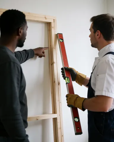 Un menuisier utilise un niveau pour mesurer un cadre en bois devant un client, dans le cadre d'un travail de charpenterie en cours sur un mur blanc.