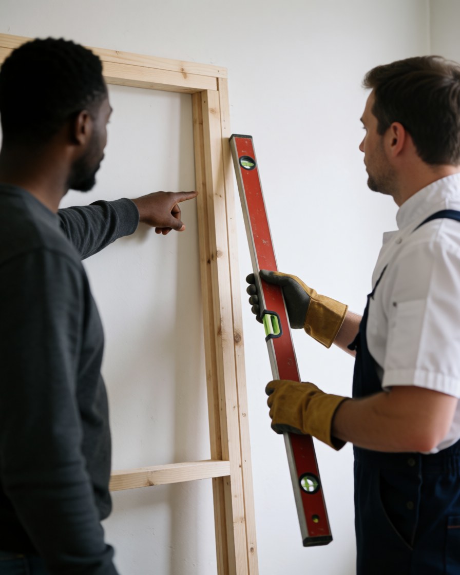 Un menuisier utilise un niveau pour mesurer un cadre en bois devant un client, dans le cadre d'un travail de charpenterie en cours sur un mur blanc.