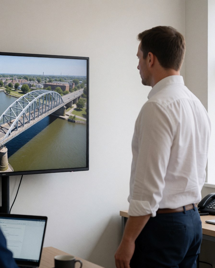 Un homme d'affaires observe une image aérienne d'un pont sur un grand moniteur dans un bureau moderne aux murs blancs.