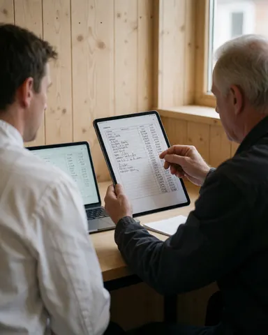 Un entraîneur de sport vérifie des données de performance sur une tablette dans un bureau aux murs en bois clair.