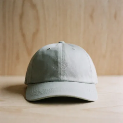 Casquette de golf gris clair posée sur une surface en bois clair avec des coutures visibles et un fond flou, idéale pour un business de golf.