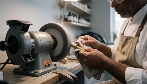 Un artisan polissant une poignée en bronze avec un chiffon près d'une meuleuse d'atelier dans un atelier de restauration de meubles anciens.