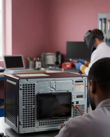 Un technicien effectue la réparation d'un micro-ondes dans un atelier aux murs roses, avec des outils visibles et une fenêtre en arrière-plan.