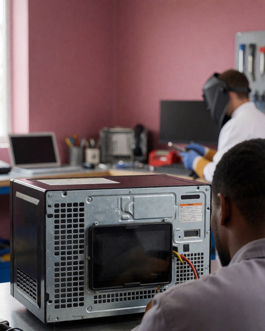 Un technicien effectue la réparation d'un micro-ondes dans un atelier aux murs roses, avec des outils visibles et une fenêtre en arrière-plan.