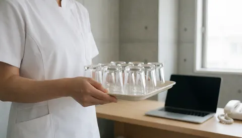 Un thérapeute en uniforme blanc tient une tablette avec des ventouses en verre dans une salle de traitement éclairée par la lumière naturelle.