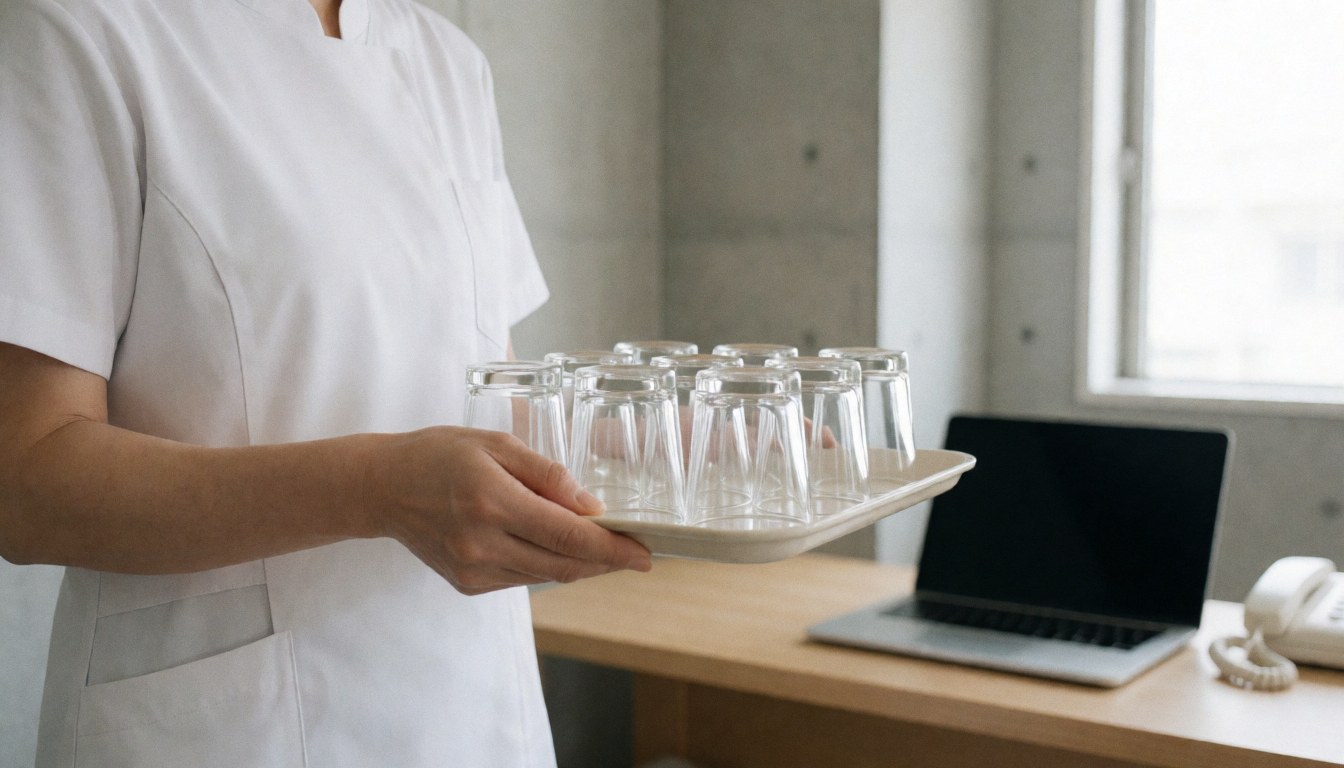 Un thérapeute en uniforme blanc tient une tablette avec des ventouses en verre dans une salle de traitement éclairée par la lumière naturelle.