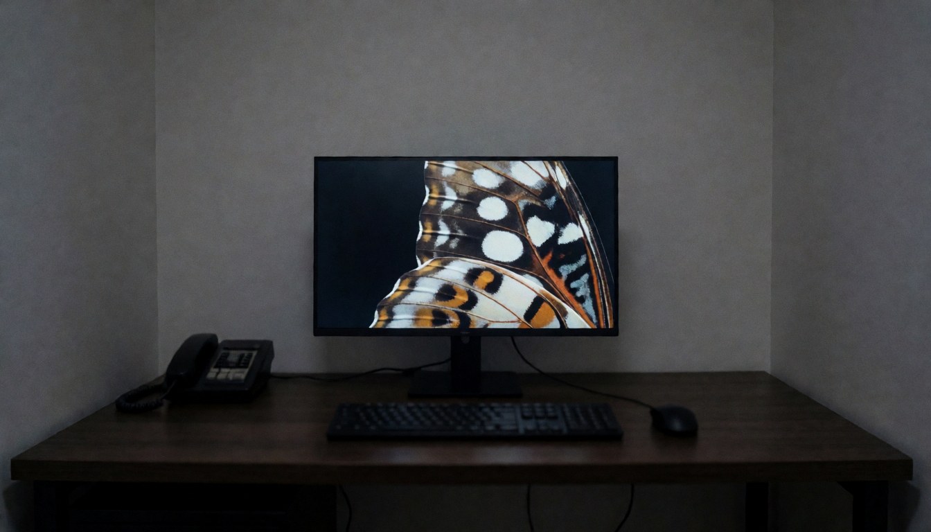 Bureau sombre avec un écran montrant une photo macro d'un papillon, adapté pour un photographe spécialisé en macrophotographie dans son espace de travail.