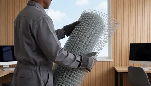 Technicien de réparation de toiture utilisant une maille galvanisée dans un bureau aux murs en bois et aux fenêtres.