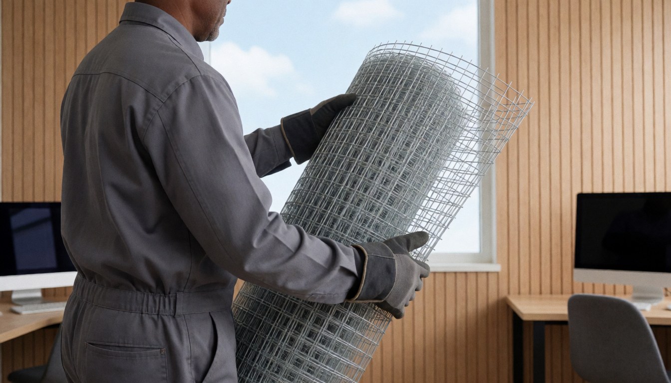 Technicien de réparation de toiture utilisant une maille galvanisée dans un bureau aux murs en bois et aux fenêtres.