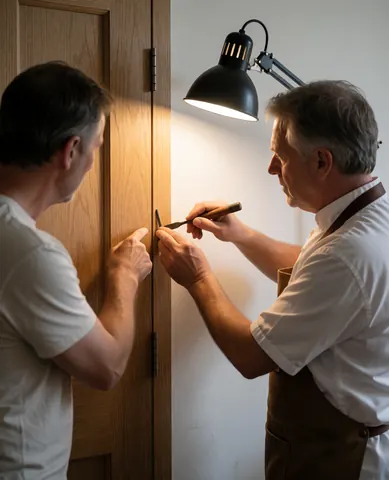 Un artisan ajuste une charnière en bois devant un client dans un atelier éclairé avec un mur blanc en arrière-plan.
