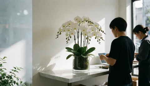 Orchidée blanche posée sur une vitrine en marbre avec deux personnes travaillant en arrière-plan, idéal pour un site web de fleuriste.