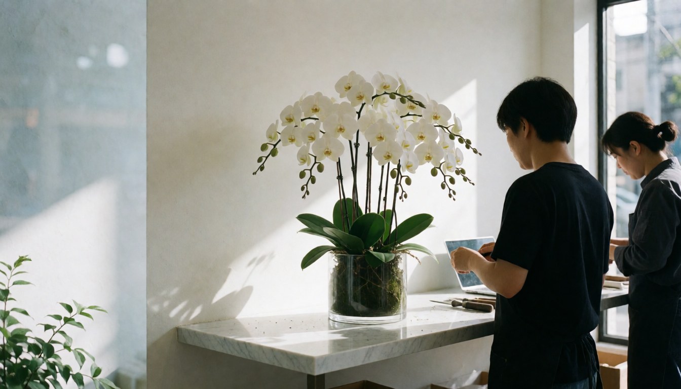 Orchidée blanche posée sur une vitrine en marbre avec deux personnes travaillant en arrière-plan, idéal pour un site web de fleuriste.