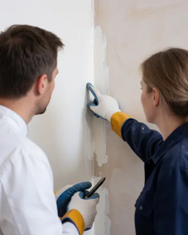 Une femme portant des gants pointe du doigt une zone de réparation sur un mur tandis qu'un homme tient un outil, illustrant un travail de finition réaliste.