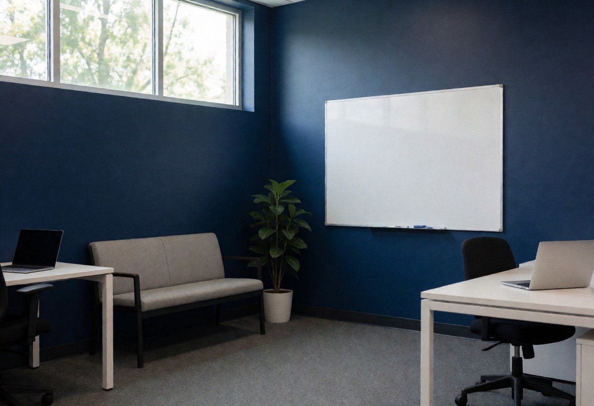Un espace de formation moderne comprenant un tableau blanc, un banc, une plante verte et un mur bleu foncé, idéal pour des cours de tennis.