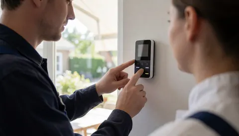 Technicien installant un store avec une télécommande sans fil, lumières LED allumées, store en arrière-plan, travail en extérieur.