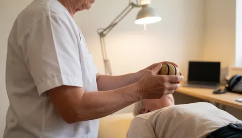 Fisiothérapeute en uniforme blanc tenant une balle de massage au-dessus d'un client allongé sur une table dans une clinique.