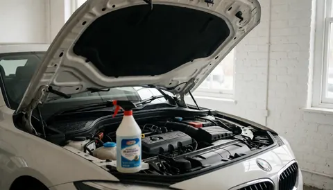 Voiture blanche avec le capot ouvert révélant un moteur propre et une pompe de nettoyage dans le compartiment, dans un atelier aux murs de briques blanches et à la lumière naturelle.