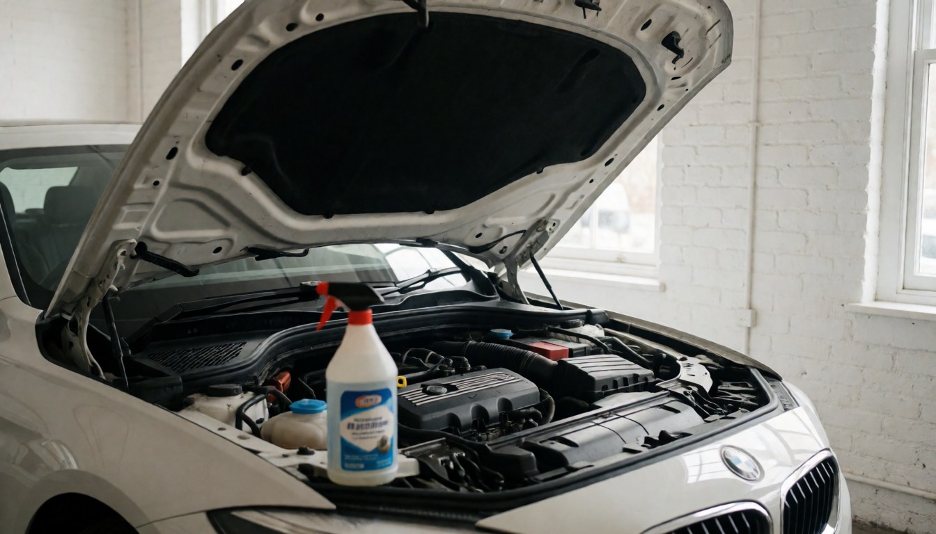 Voiture blanche avec le capot ouvert révélant un moteur propre et une pompe de nettoyage dans le compartiment, dans un atelier aux murs de briques blanches et à la lumière naturelle.