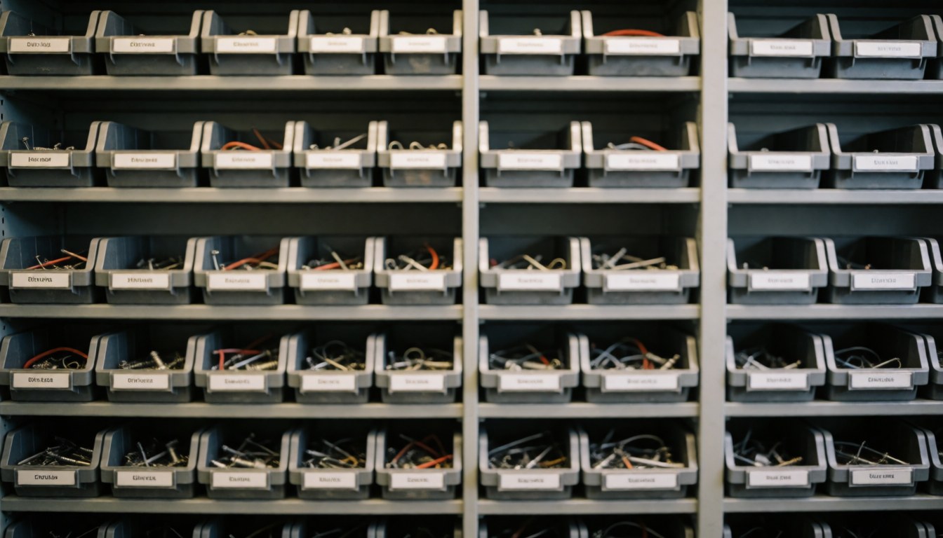 Étagère contenant des boîtes organisées de composants électroniques et câbles pour réparation de consoles, offrant un fond neutre et professionnel adapté à l'ajout de texte.
