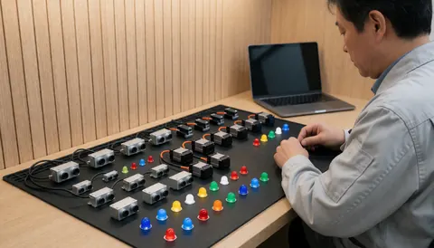Un technicien en robotique assemble des capteurs à ultrasons et des LEDs sur une table de travail avec un fond en bois.