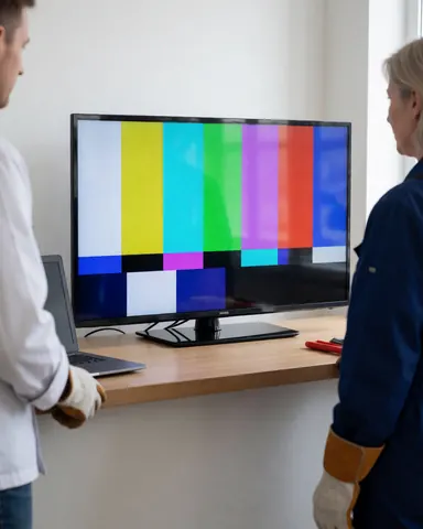 Un technicien et un client examinent un téléviseur sur une table de service avec un mur blanc en arrière-plan pour valider la réparation.