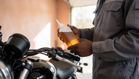 Mécanicien en atelier appliquant du liquide de frein sur une moto avec réservoir et poignées visibles dans un environnement professionnel bien éclairé.