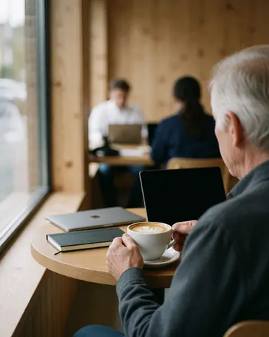 Un client âgé savoure un café orné de motifs tout en travaillant sur son ordinateur portable dans un café aux murs en bois.