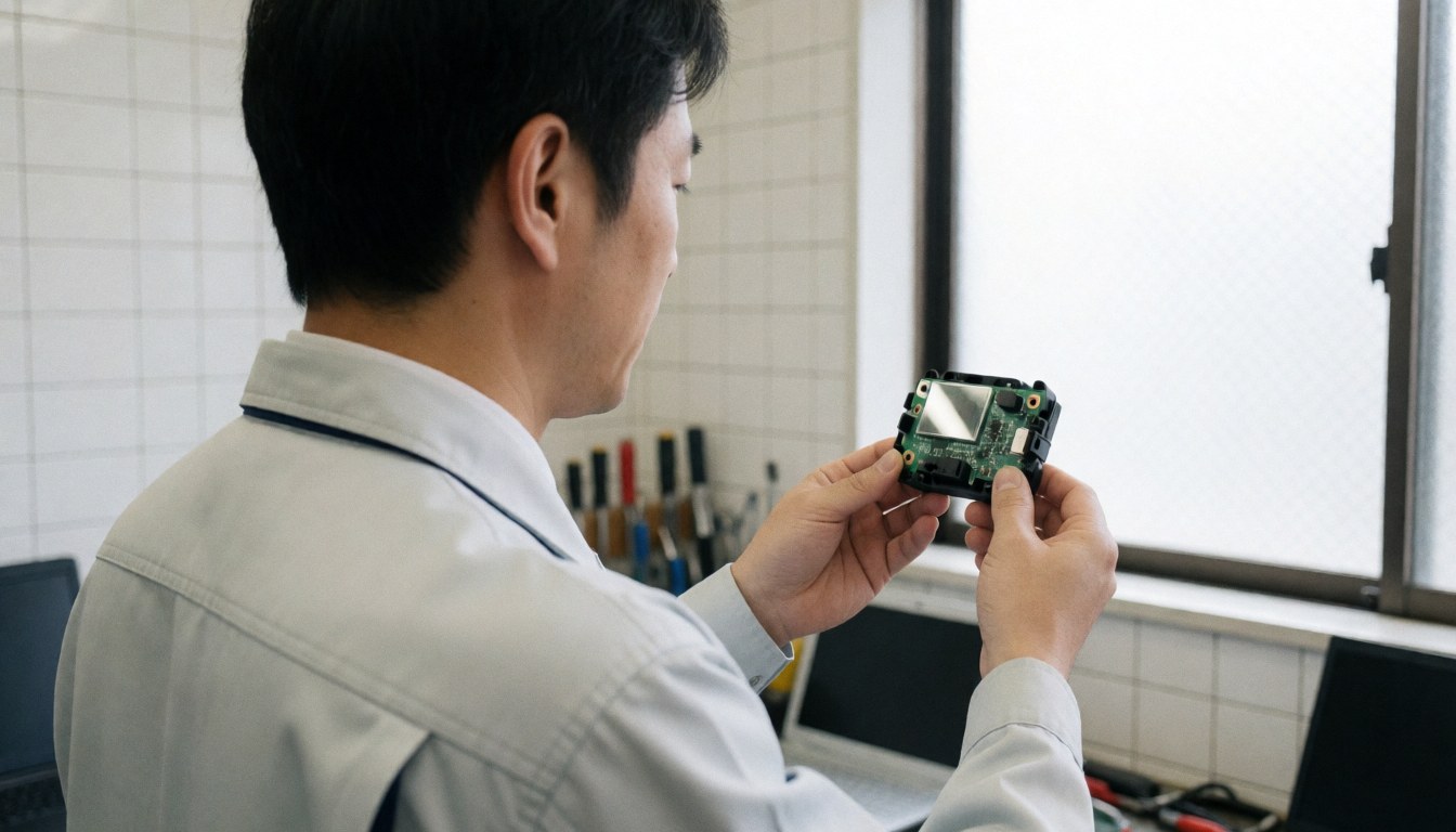 Technicien en train de vérifier le module d'allumage d'un four dans un atelier aux murs carrelés et aux outils visibles.
