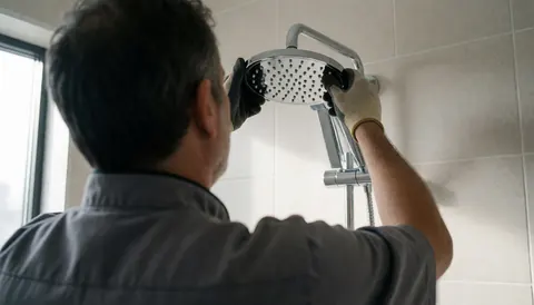 Un professionnel en gants installe une douche avec des carreaux et une lumière naturelle, idéal pour illustrer des services de rénovation.