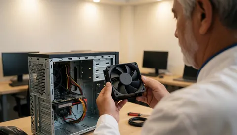 Technicien en train d'installer un ventilateur de refroidissement sur un ordinateur ouvert dans un atelier bien éclairé, offrant des services de réparation électronique.